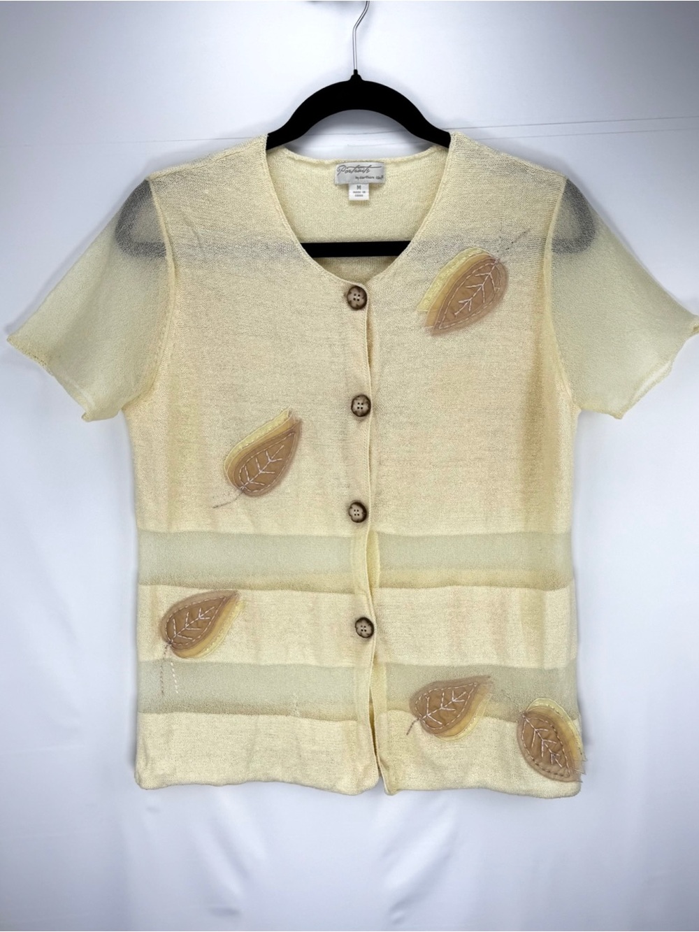 Pale Yellow Short Sleeve Linen Sheer Cardigan with Leaf Appliqué